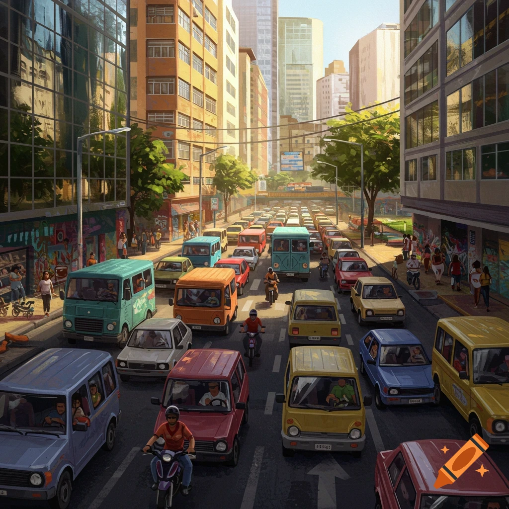 An illustrative image of a busy city street with heavy traffic, featuring many cars, vans, and motorcycles amidst tall buildings and pedestrians.