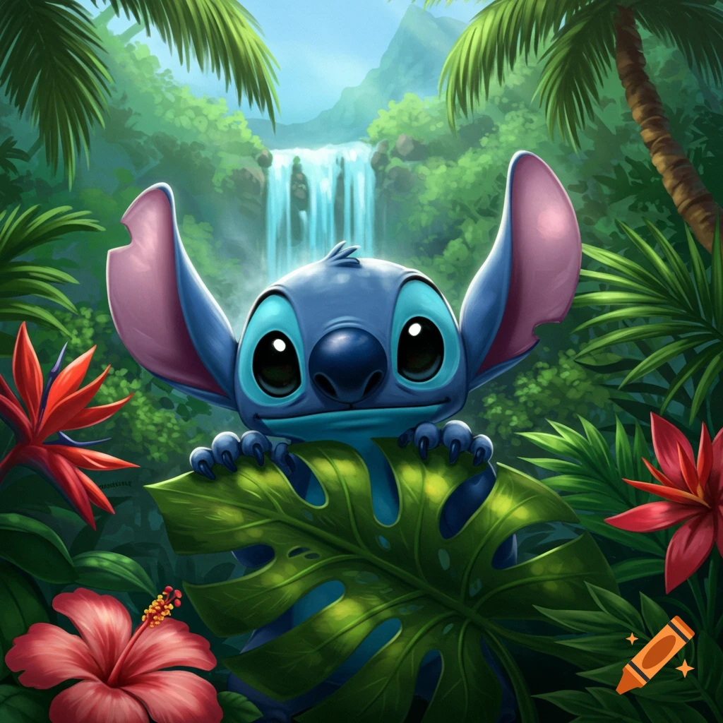 Cute cartoon Stitch peeking over a large green leaf in a lush tropical jungle with a waterfall.