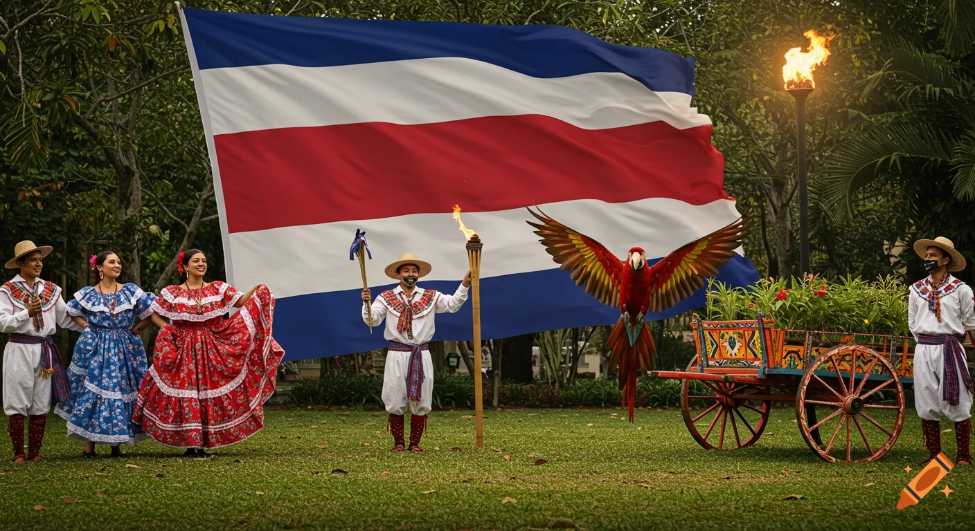 People in traditional Costa Rican attire, a large flag, a scarlet macaw, and a colorful ox cart stand in a grassy outdoor setting.