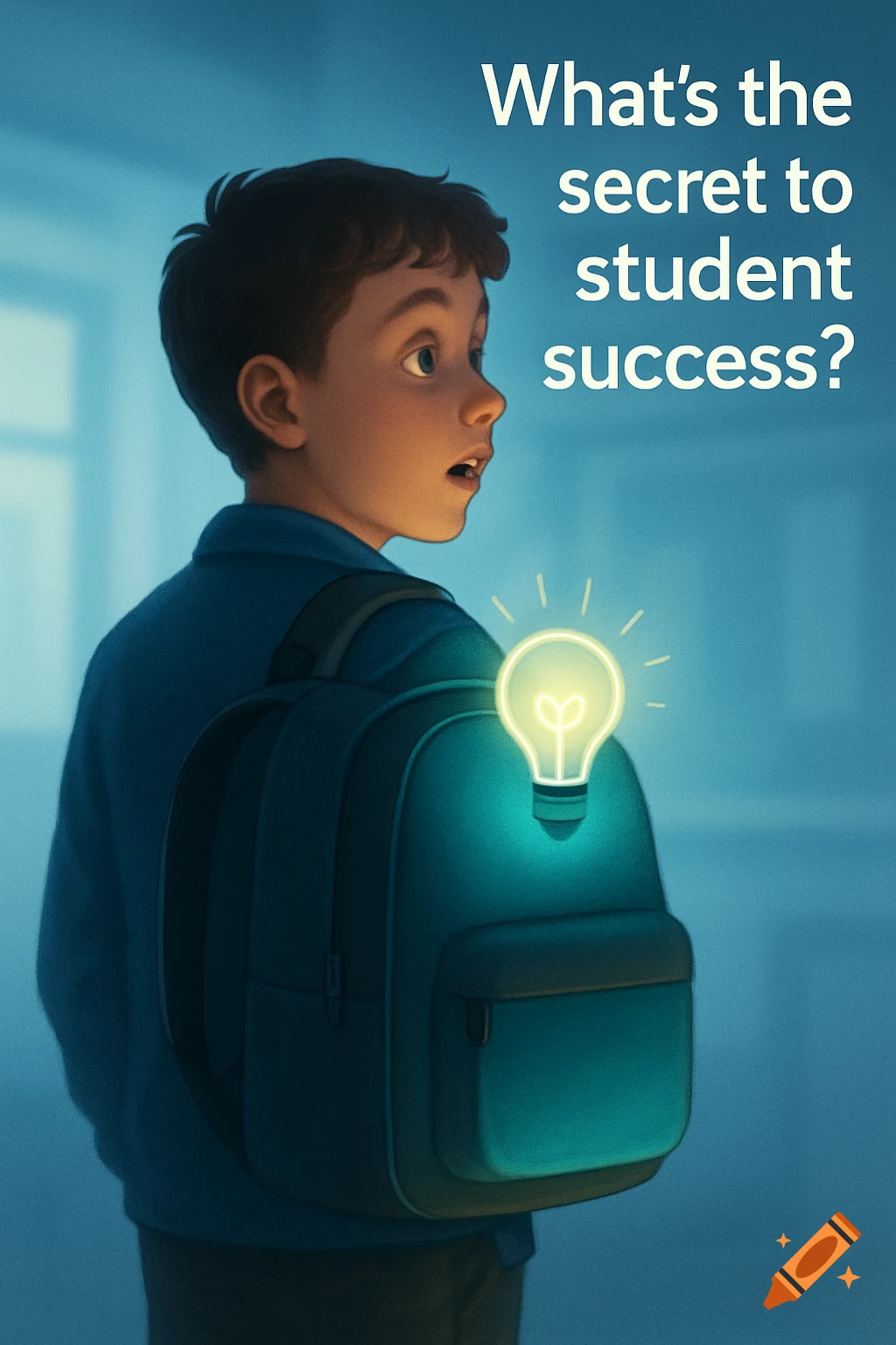 Illustration of a curious young student with a backpack and a glowing lightbulb, with the text 'What's the secret to student success?'