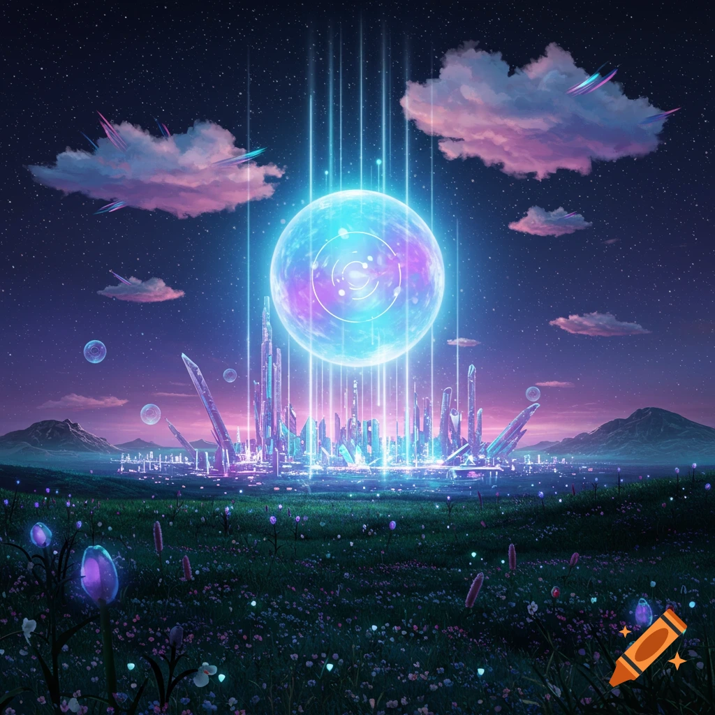 A glowing blue and purple orb floats above a vibrant futuristic city, surrounded by a starry night sky and a field of bioluminescent plants.