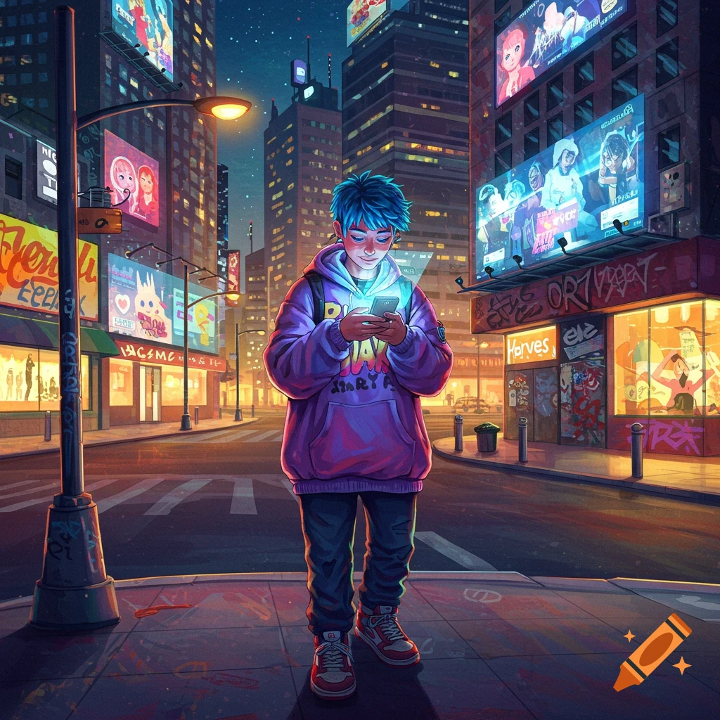 An anime-style teenager with blue hair in a purple hoodie looks at their glowing phone on a neon-lit city street at night.