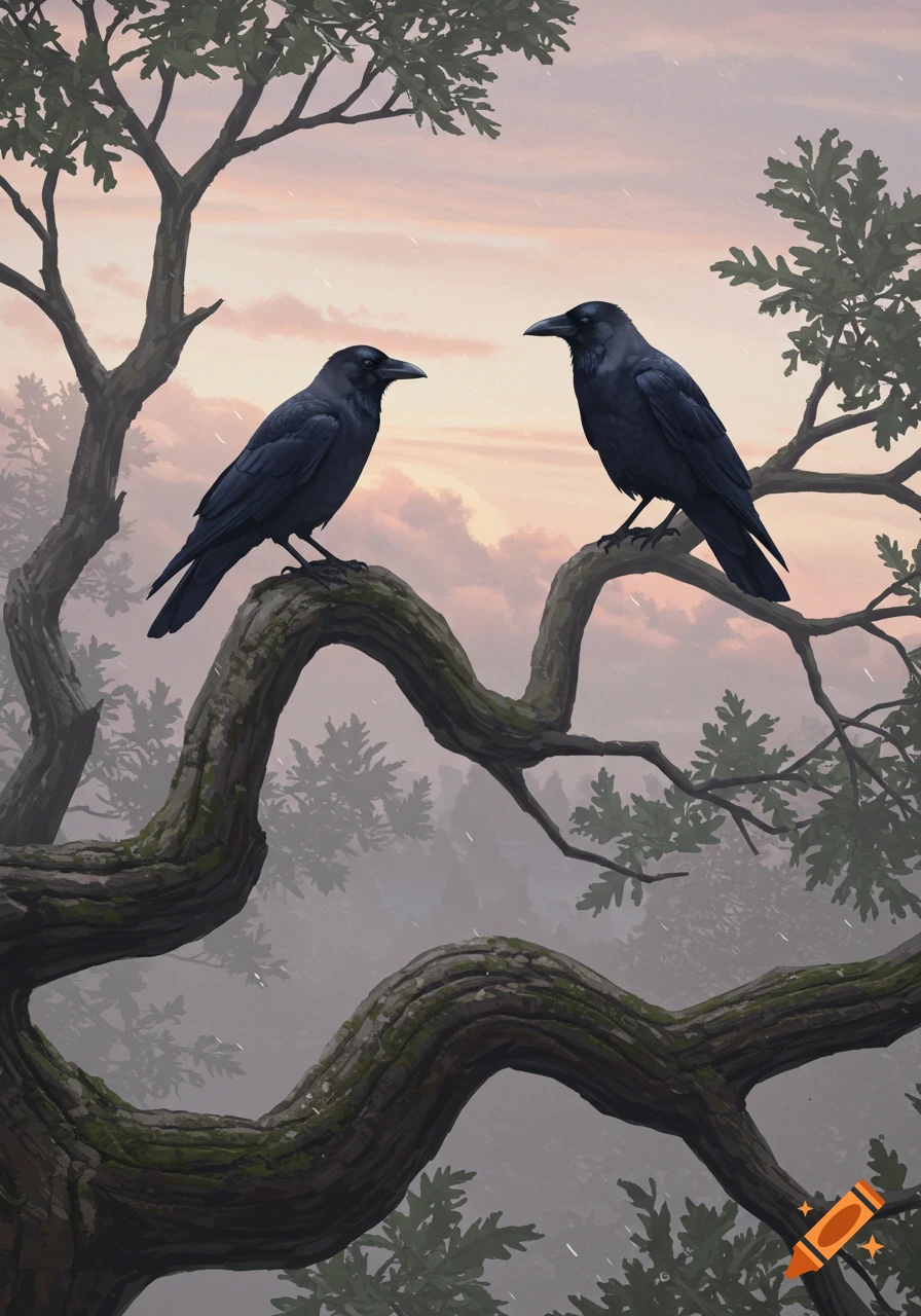 Two black crows perch on a moss-covered tree branch against a soft, misty sunset sky.