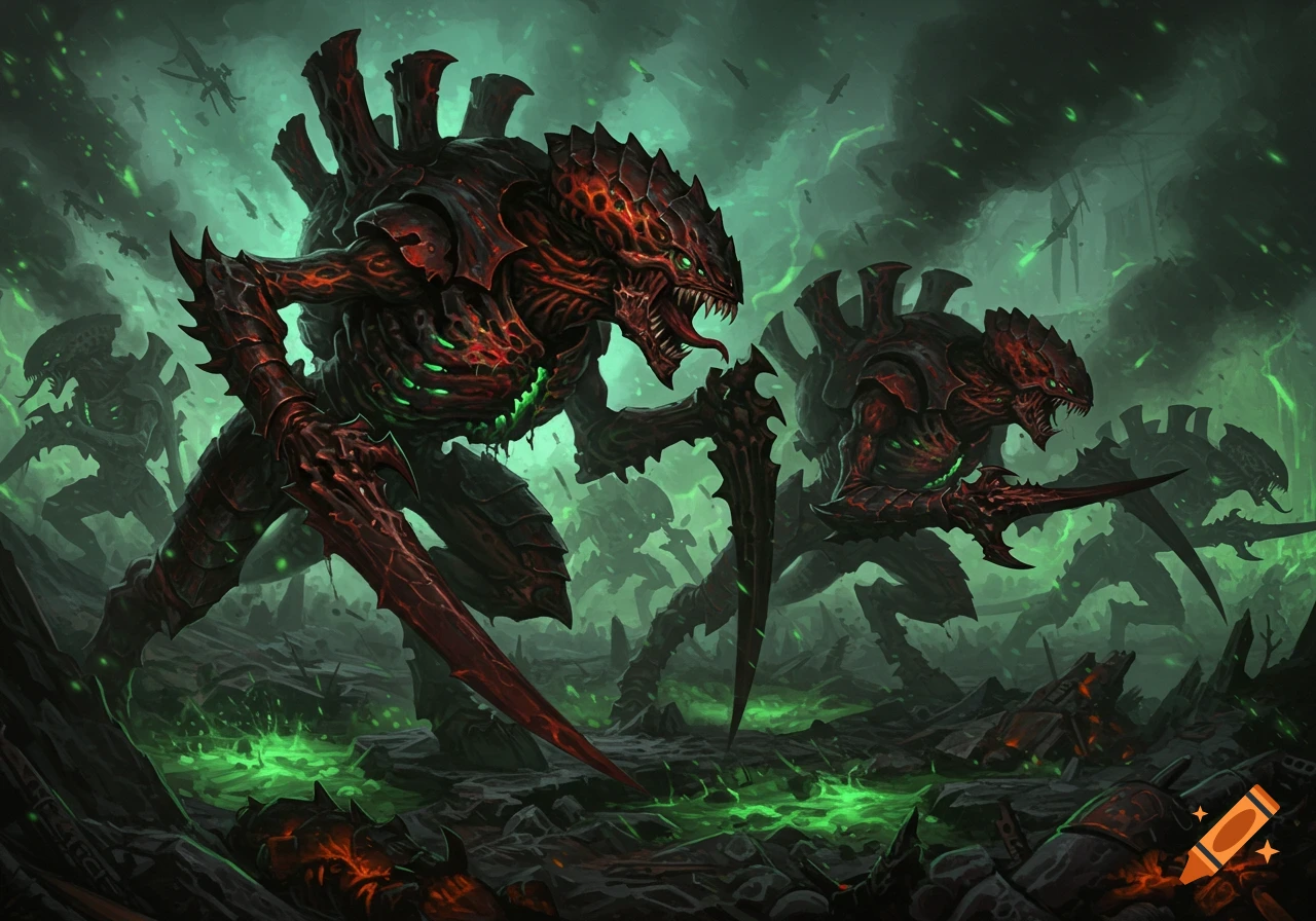 Red and black Tyranid alien monsters with green glowing accents advance through a desolate, green-lit battlefield, detailed digital art.