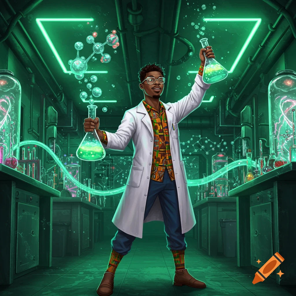 Smiling Black man, a chemistry superhero in a lab coat, holds glowing green beakers in a neon-lit futuristic lab.