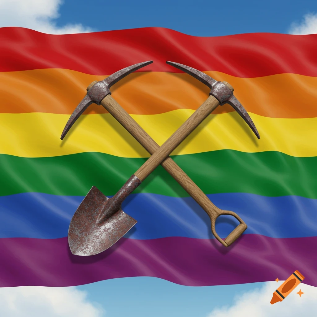 A vibrant rainbow pride flag waves against a blue sky, with a rustic shovel and pickaxe crossed in the center.