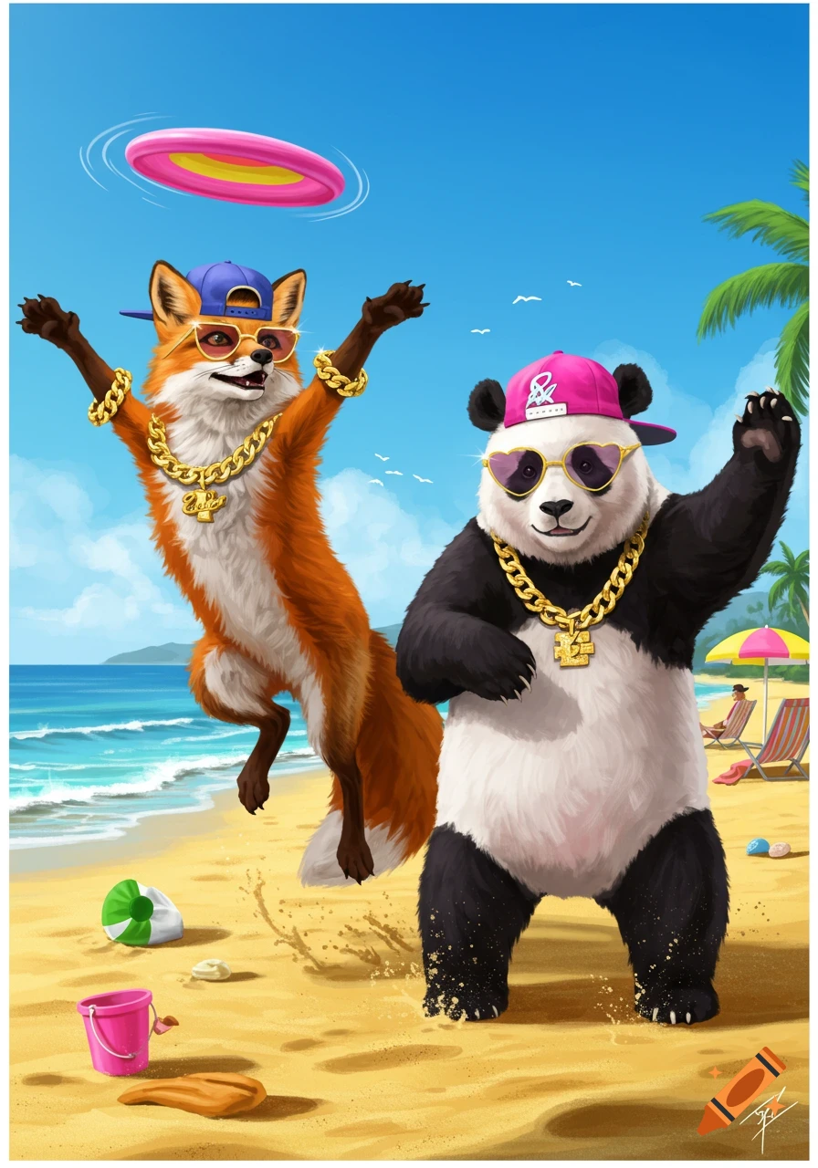 A cheerful cartoon fox and panda in sunglasses and gold chains play frisbee on a sunny beach.