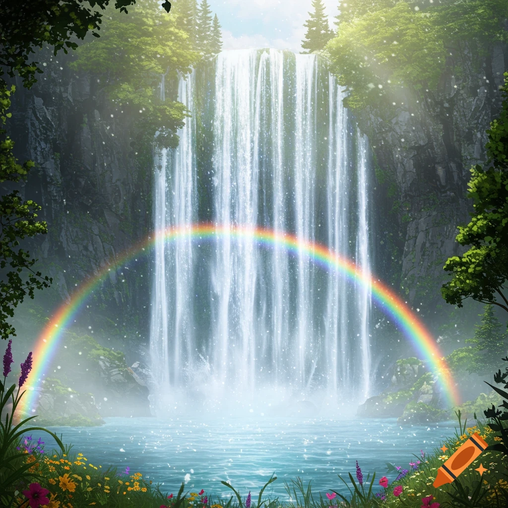 A vibrant waterfall in a lush forest, with a bright rainbow arching over the sparkling pool below, surrounded by colorful wildflowers.