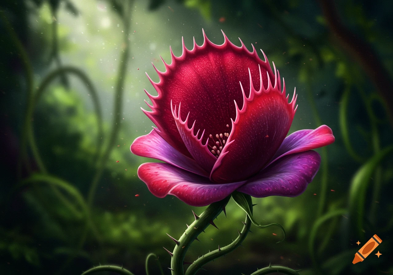 A fantasy Venus flytrap resembling a red to purple rose with thorny stem, in a misty forest.
