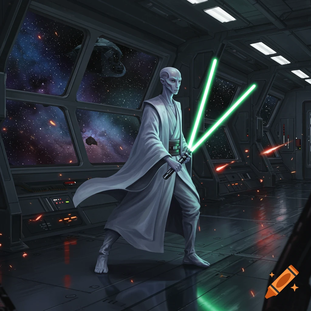 A grey-skinned Kaminoan Jedi in a white robe holds two green lightsabers in a starship cockpit during a space battle.