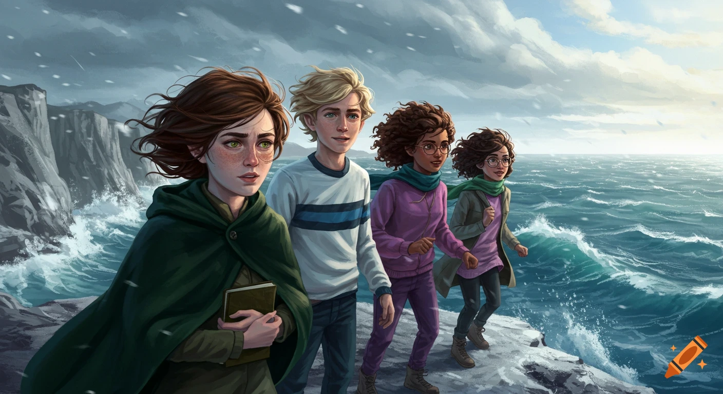Four young adventurers stand on a snowy, jagged cliff overlooking a stormy blue sea under an overcast sky. The first girl holds a book.