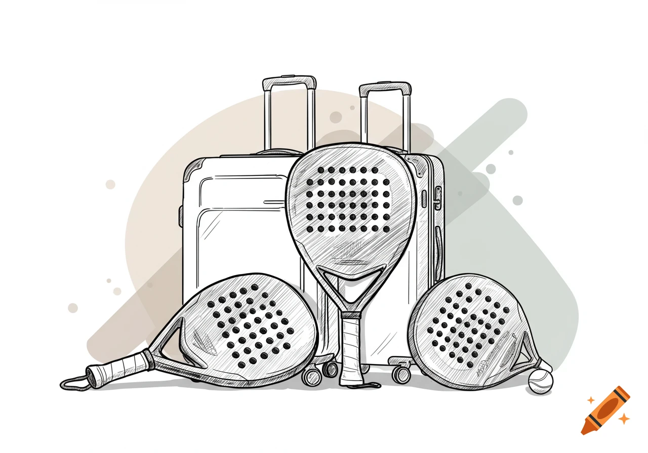 Line drawing of three padel rackets and two pieces of luggage with abstract background shapes.