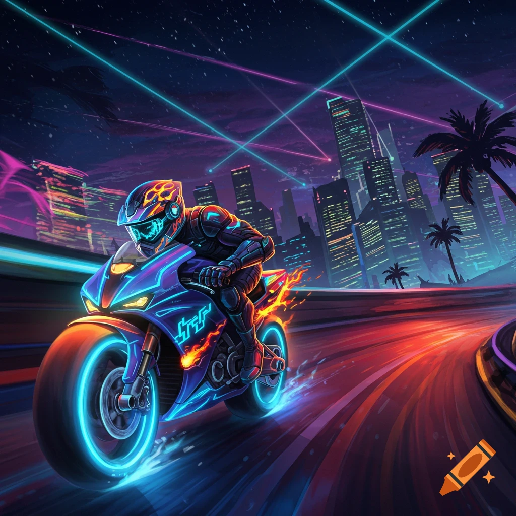 A neon-lit motorcyclist races through a futuristic city at night, vibrant blue and orange lights streaking behind the bike.