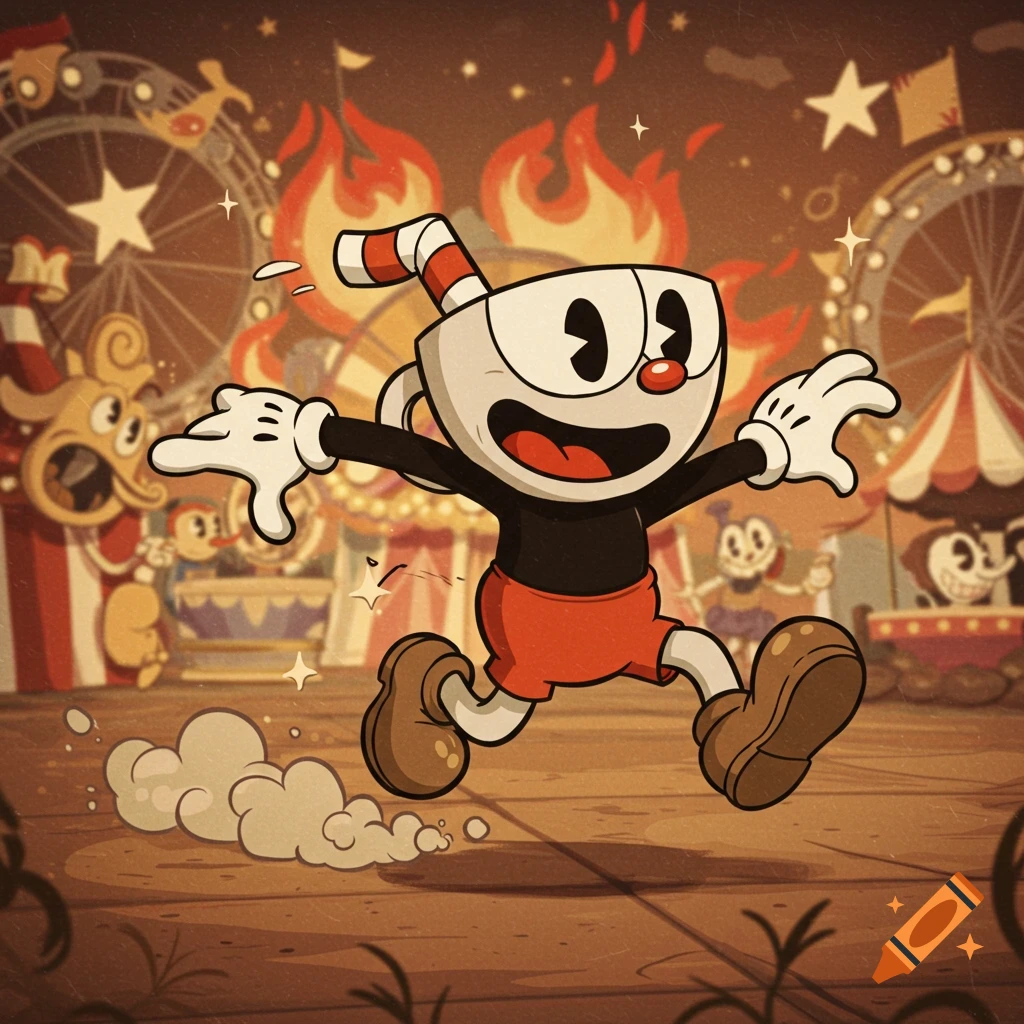 Cartoon character Cuphead runs through a vintage carnival scene with Ferris wheels.