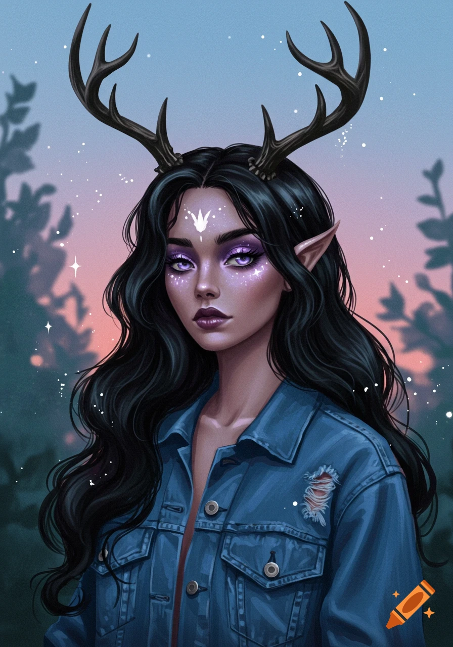 Fantasy woman with antlers, elf ears, long black wavy hair, purple eyeshadow, and a ripped blue jean jacket, digital painting.