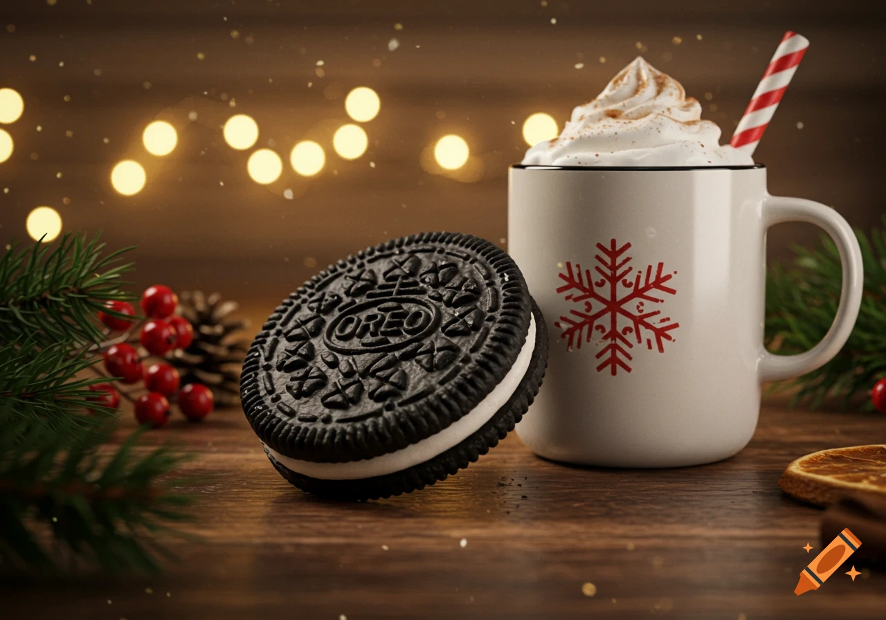 Photorealistic image of an Oreo cookie and a mug of hot cocoa with whipped cream and a candy cane straw on a festive wooden table.