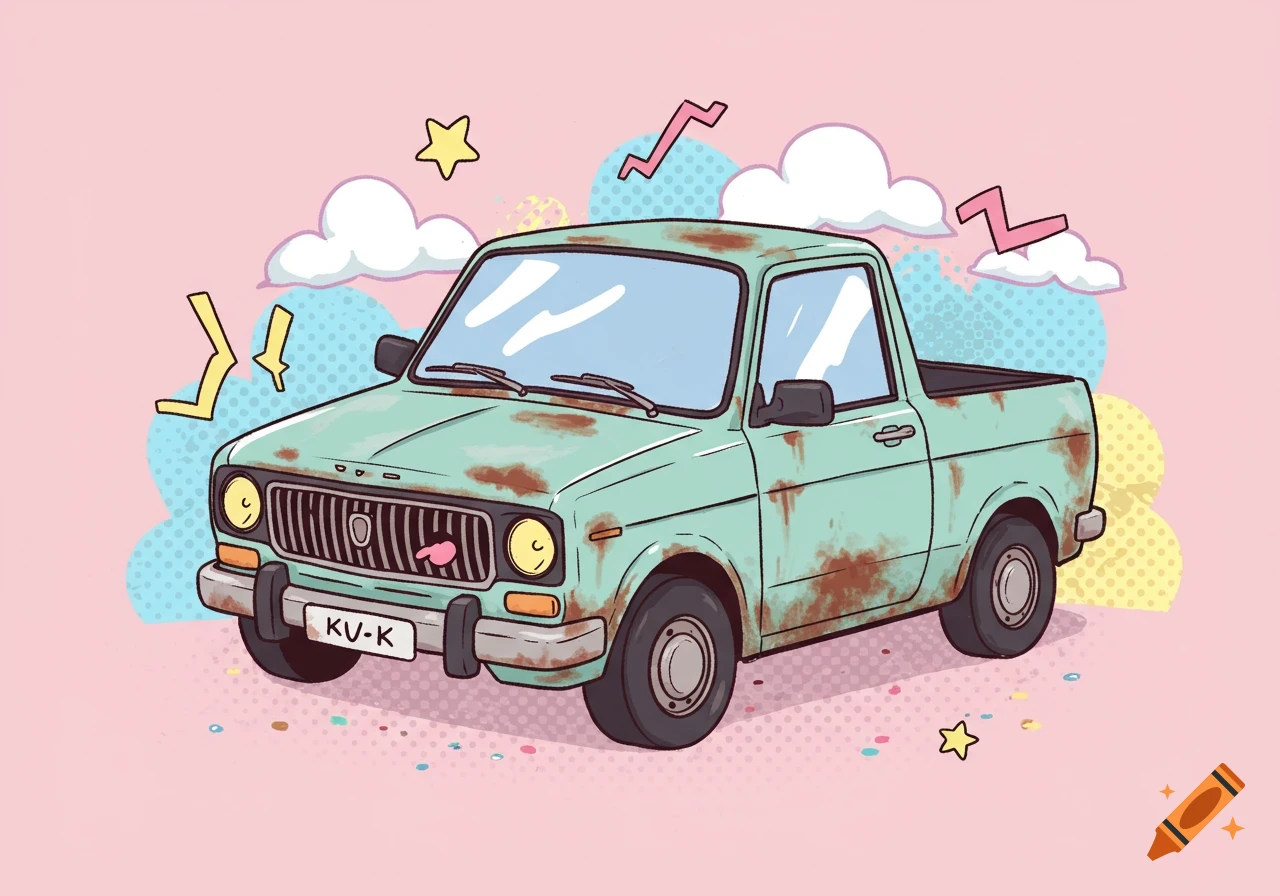 A cute mint green rusty pickup truck with a pink tongue sticking out, on a pink pop art background with colorful shapes.