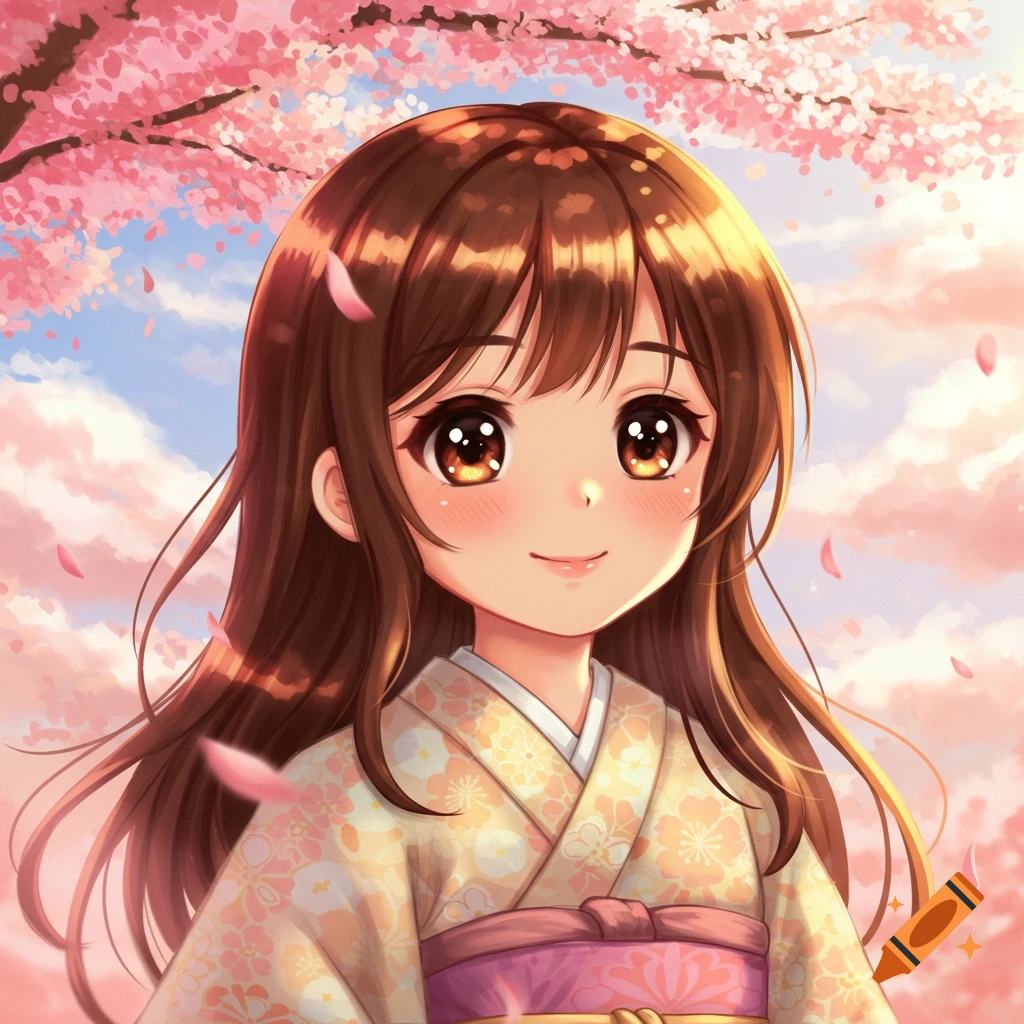 Cute anime girl with big brown eyes, wearing a patterned kimono, smiling under pink cherry blossoms.