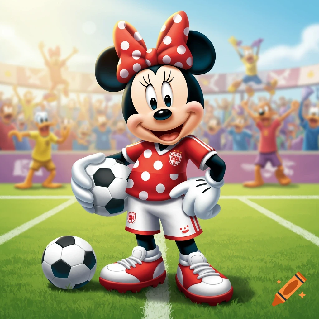 Minnie Mouse in a red soccer jersey holds a soccer ball on a field with a crowd, cartoon style.