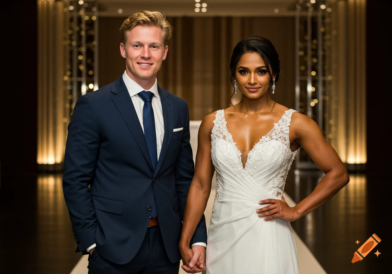 Photorealistic portrait of a smiling couple in wedding attire, holding hands in a modern venue.
