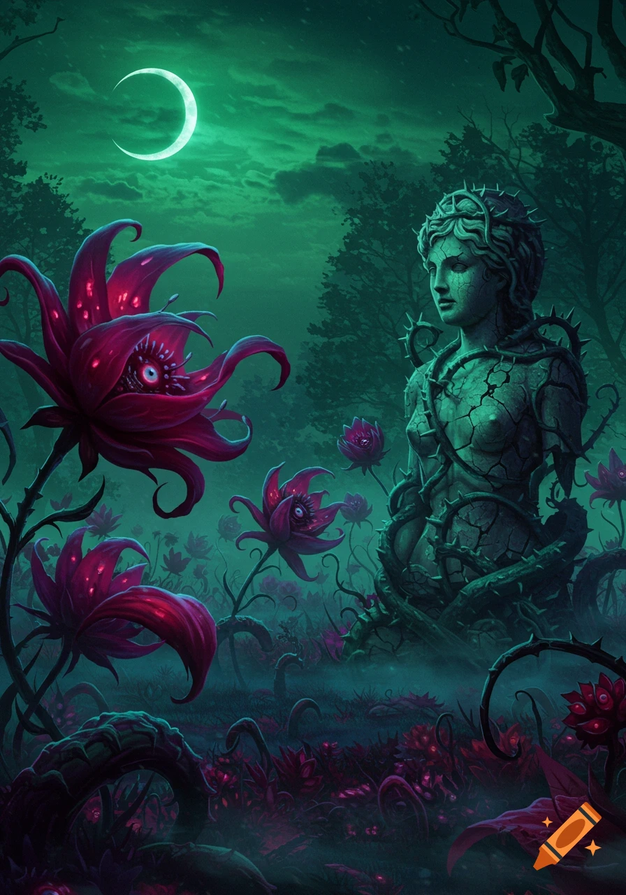 Surreal dark fantasy art of a cracked stone statue entwined with thorns, surrounded by red-pink eyed flowers in a misty green forest under a crescent moon.