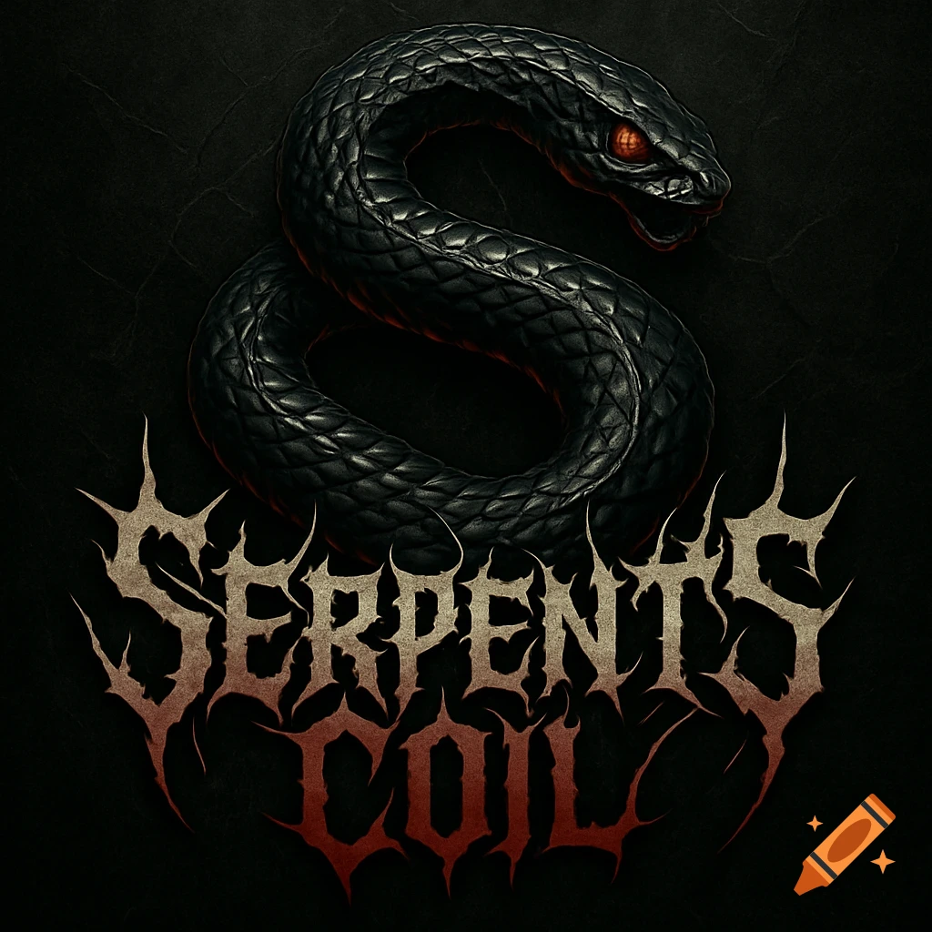 A black snake forming an 'S' shape with red eyes above the stylized text 'Serpents Coil' on a dark background.