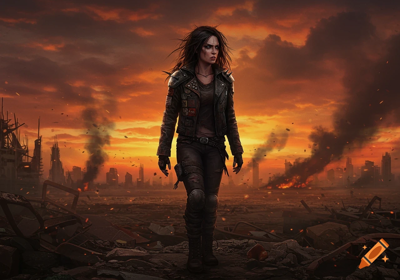 A fierce woman in a leather jacket walks through a ruined, burning post-apocalyptic city at sunset, digital art.