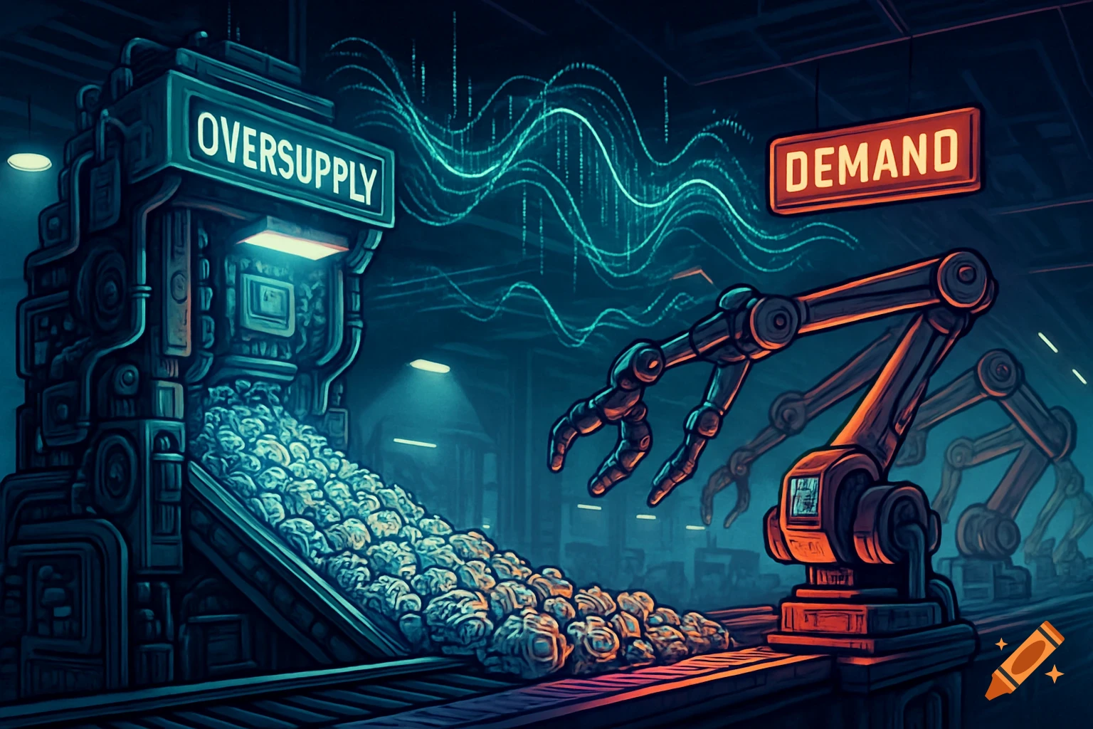 Stylized digital art of an industrial oversupply machine producing items while robotic arms reach for a 'DEMAND' sign.