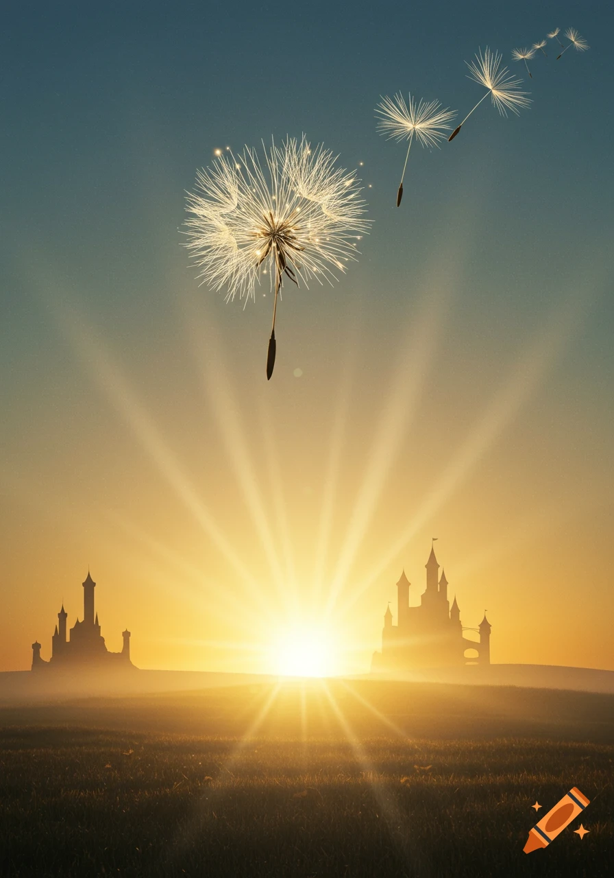 A dreamy sunset landscape with dandelion seeds floating in the sky above a field and silhouetted castles.