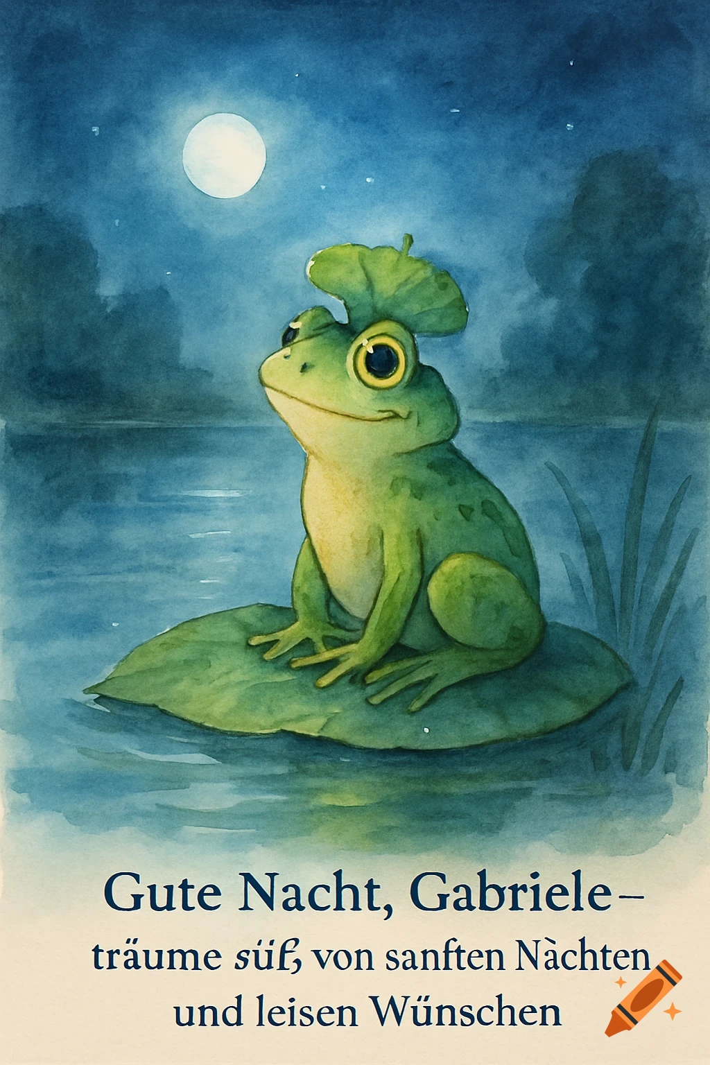 A cute green frog on a lily pad under a full moon on a calm pond, with German 'Gute Nacht' text. Watercolor style.