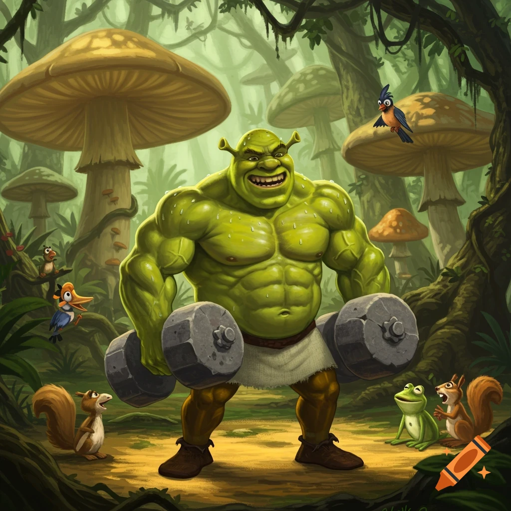 Muscular, sweating Shrek grins while lifting heavy dumbbells in an enchanted forest with giant mushrooms, watched by cartoon animals.