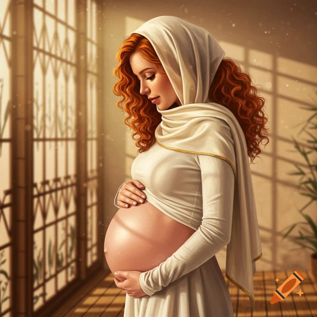 Photorealistic portrait of a pregnant redhead woman in a white dress and hijab, holding her bare belly in sunlight.