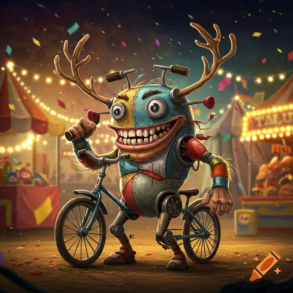 A cheerful, cartoony monster made of bike parts and metal, with antlers and a wide grin, standing in a vibrant carnival.