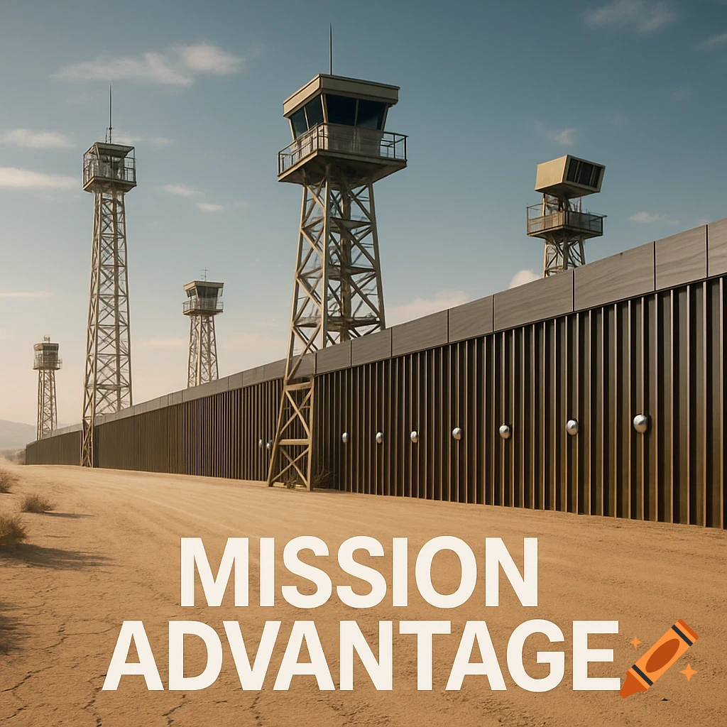 Photorealistic image of a long border wall with multiple watchtowers stretching into a desert landscape, under a clear sky. The words 'MISSION ADVANTAGE' are prominently displayed in white text on the sandy ground in the foreground.