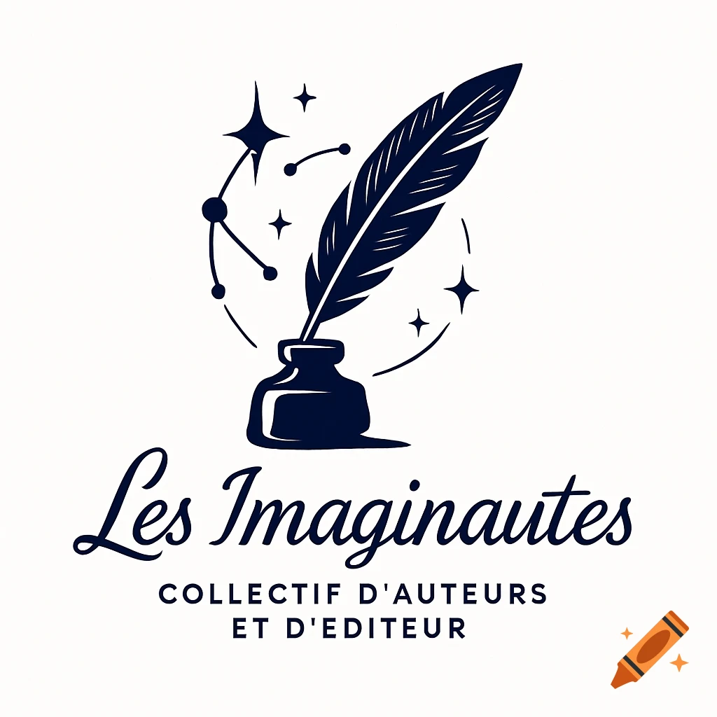 A navy blue quill in an inkwell, surrounded by stars and a constellation, above the text 'Les Imaginautes' and 'Collectif d'auteurs et d'éditeur' on a white background.