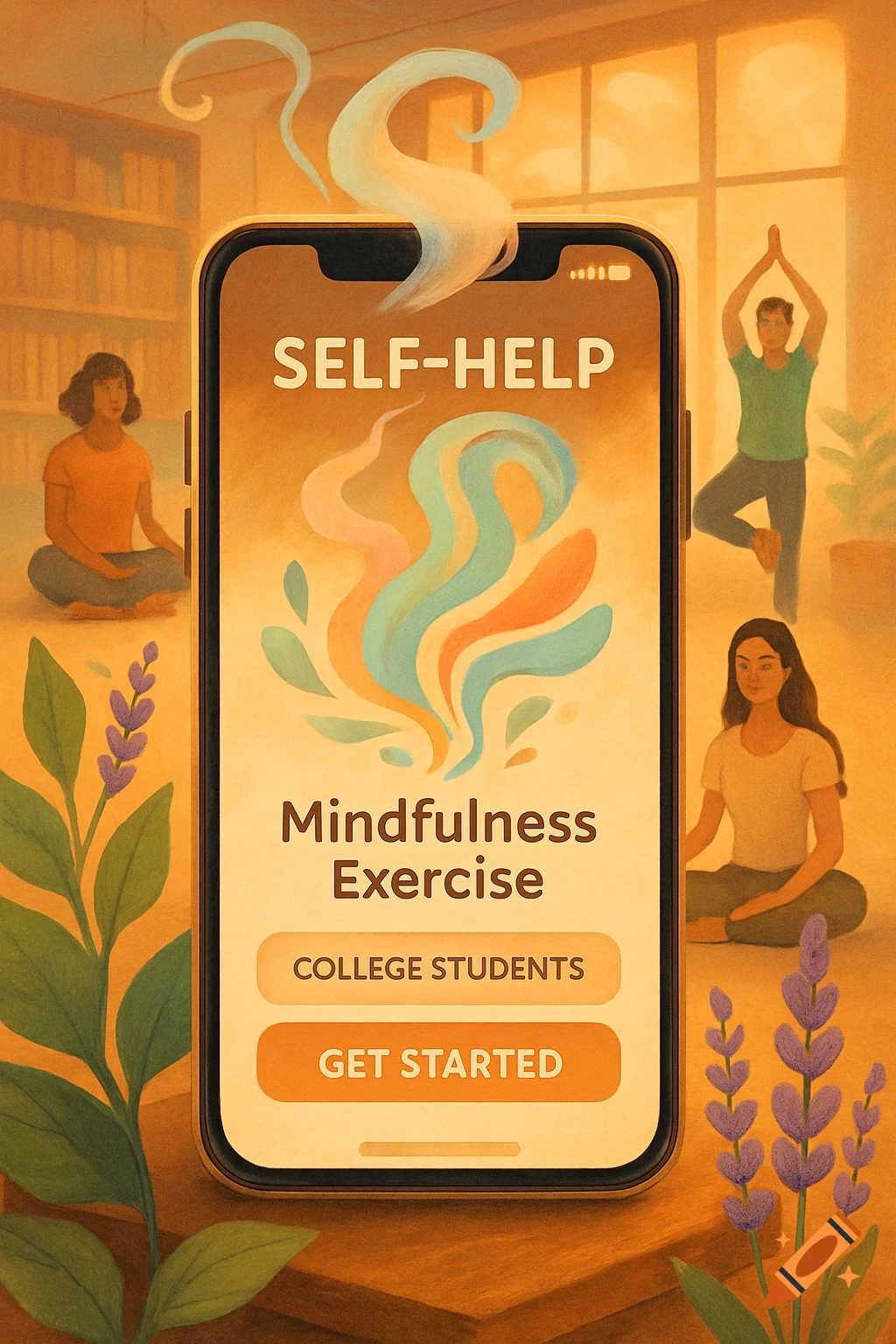 Stylized illustration of a smartphone displaying a self-help mindfulness app, with people meditating and doing yoga in the background.
