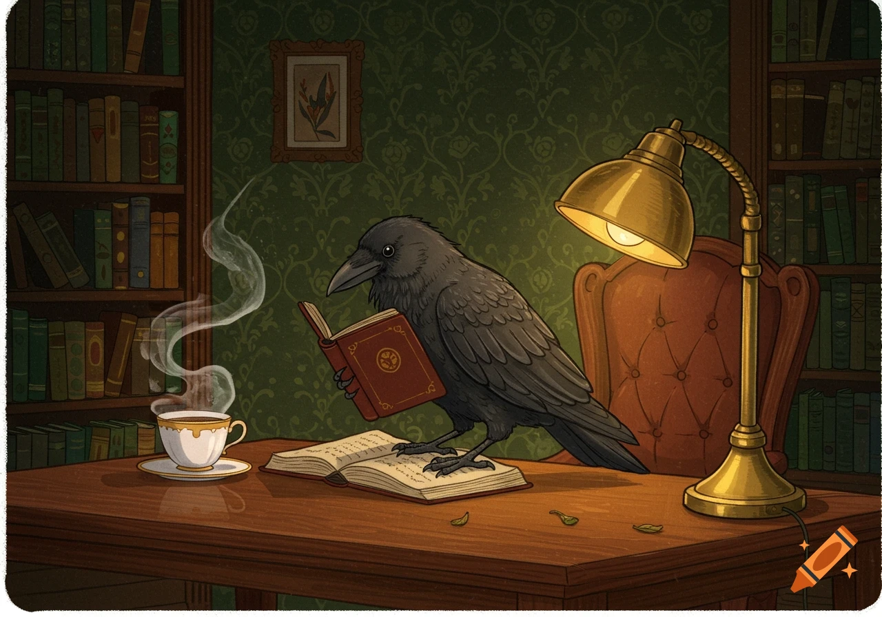 Storybook illustration of a black raven reading a book at a wooden desk in a library with a steaming coffee cup and a lamp.