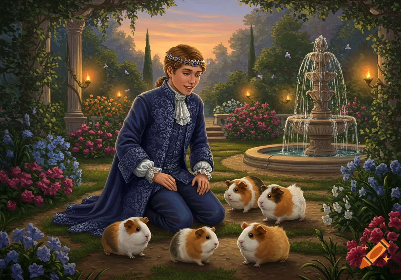 A young prince kneels in an enchanting garden at sunset, surrounded by several fluffy guinea pigs, with a fountain in the background. Digital painting.