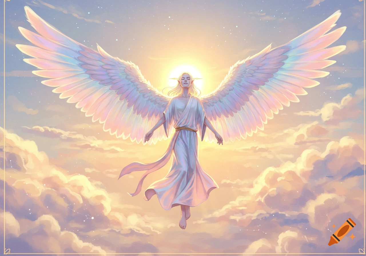 A radiant, blonde, elven angel with large iridescent wings and a white robe floats gracefully in a vibrant, cloudy sky under a bright sun.