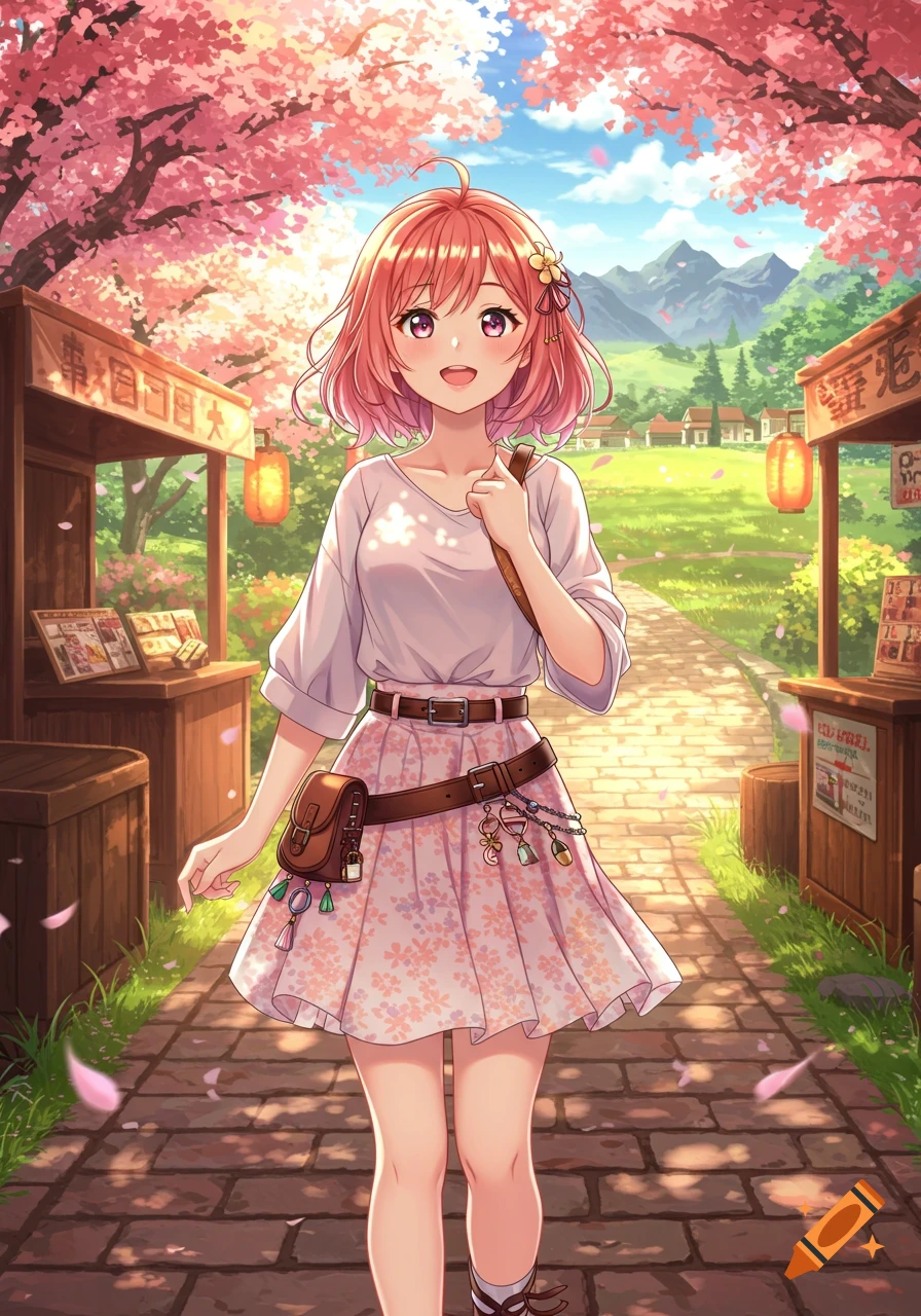 An anime girl with pink hair smiles while walking on a stone path under cherry blossom trees, past market stalls in a sunny field.