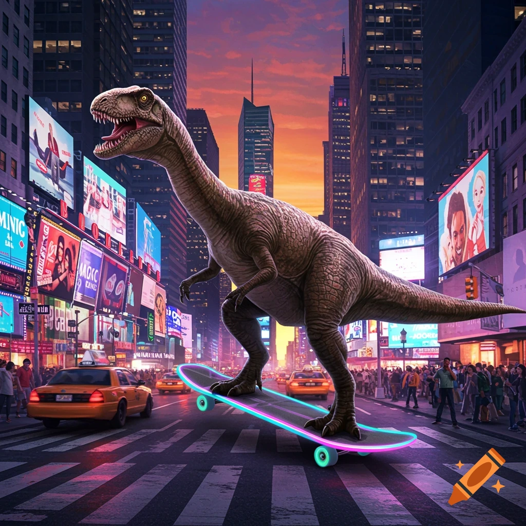 A photorealistic dinosaur on a glowing skateboard crosses a street in a neon-lit city at sunset.