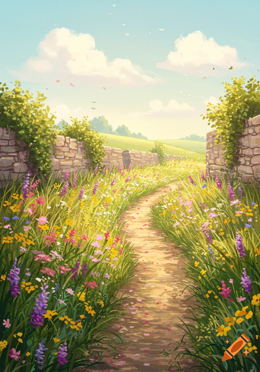 Stylized illustration of a winding dirt path through a vibrant field of wildflowers, framed by stone walls and green bushes under a bright blue sky.