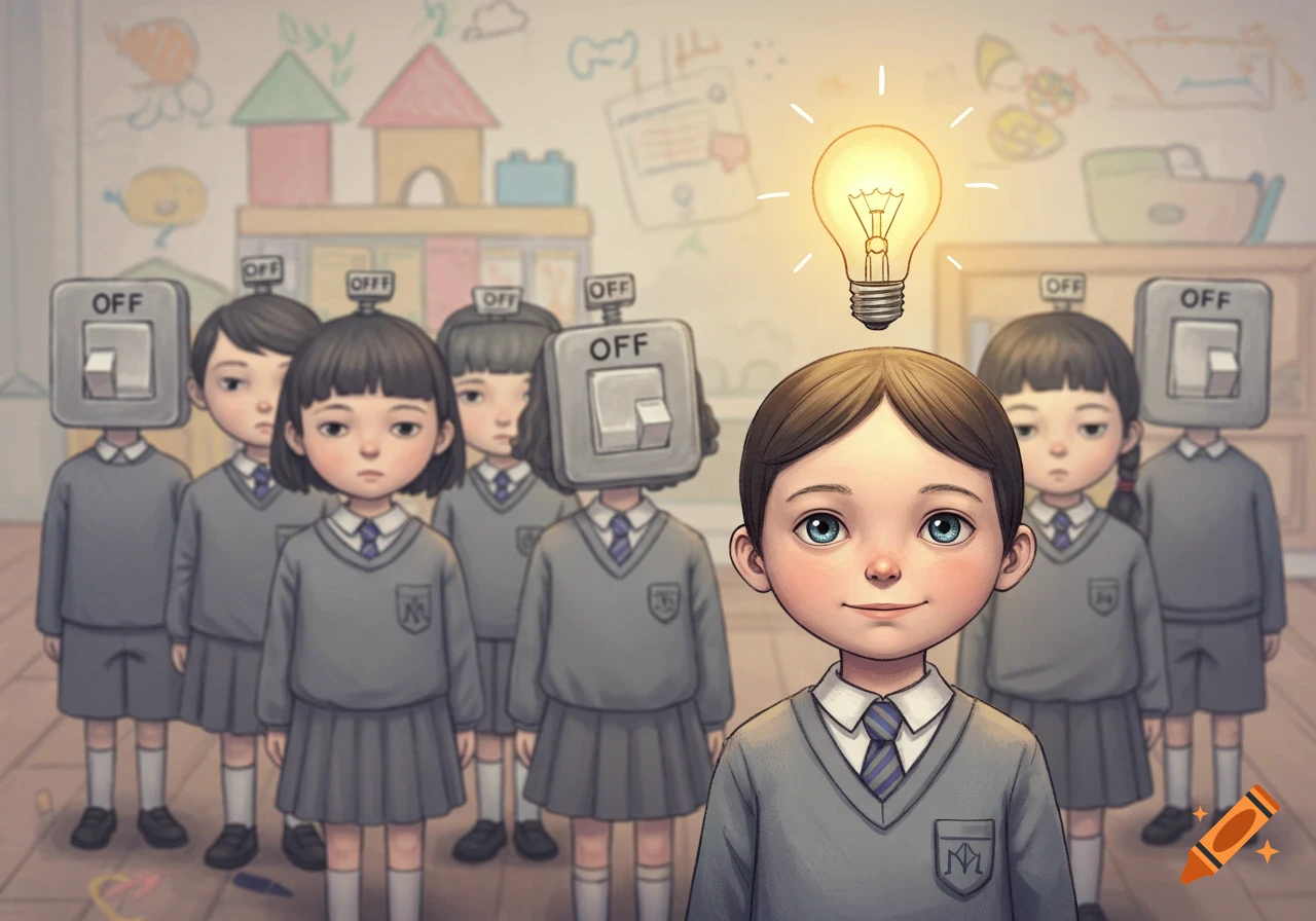 A child with a glowing lightbulb above their head stands in front of other kids with "OFF" switches on their heads, in a pastel children's book style.