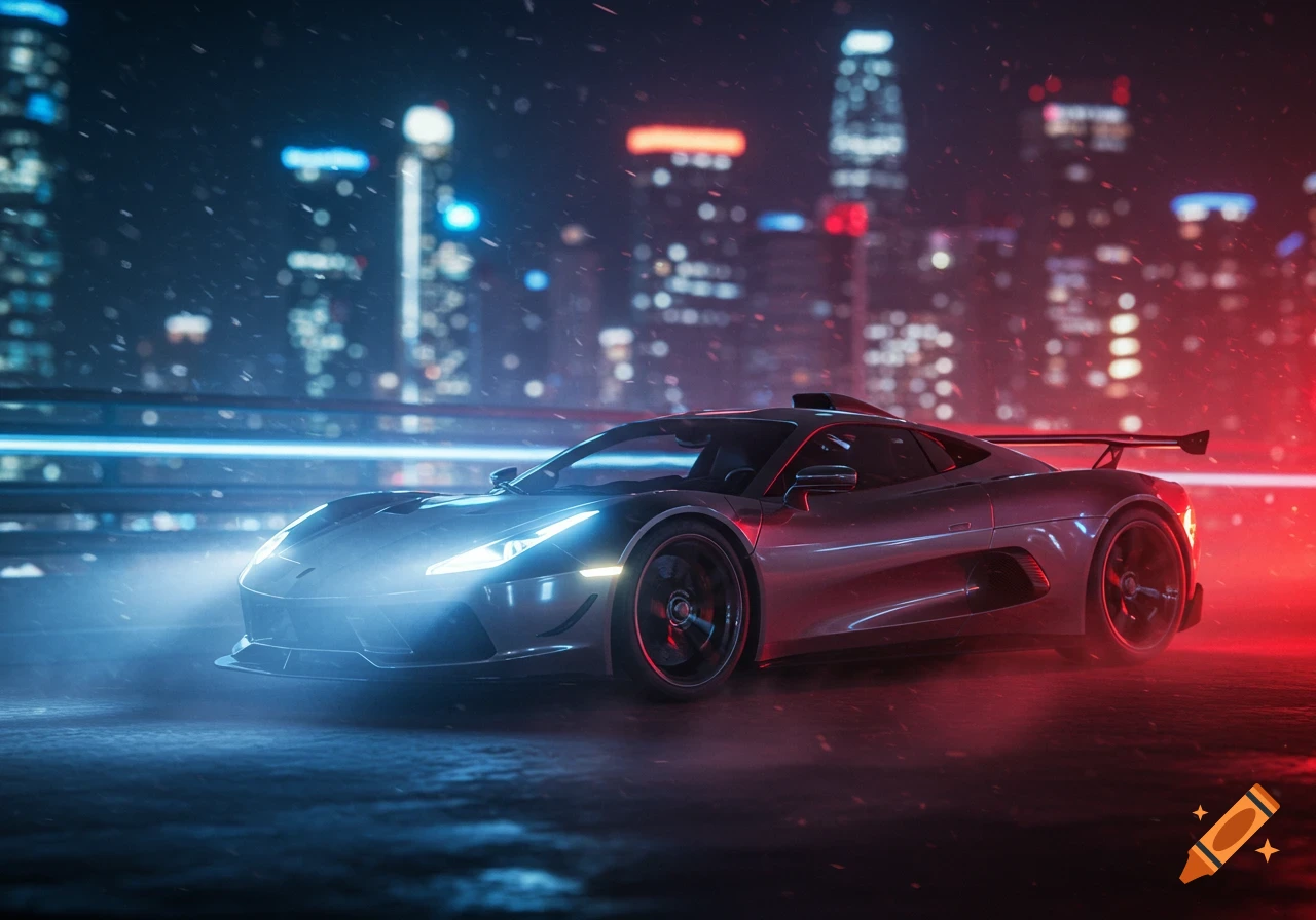 A sleek silver sports car with glowing blue headlights drives through a city at night, with red and blue neon lights reflecting.