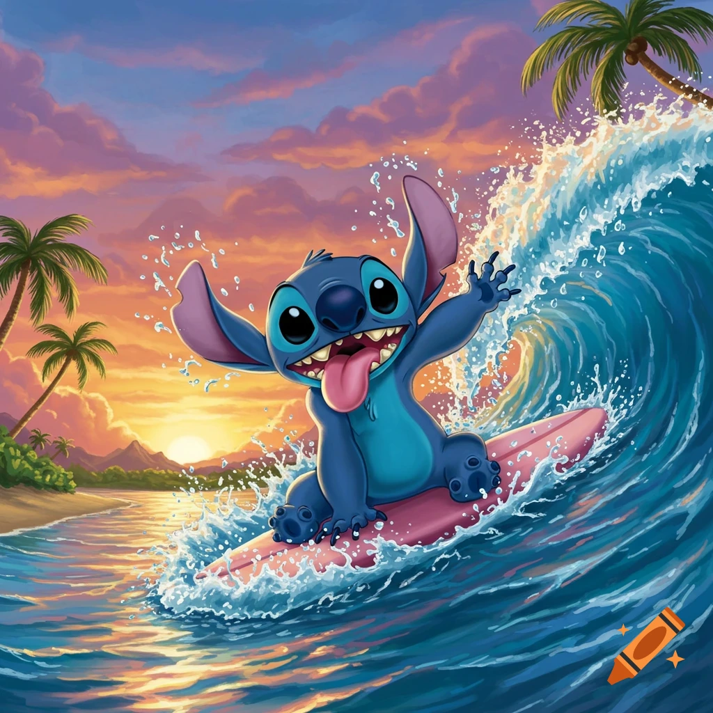 A happy blue alien creature resembling Stitch surfs on a pink board amidst a wave at a vibrant sunset beach.