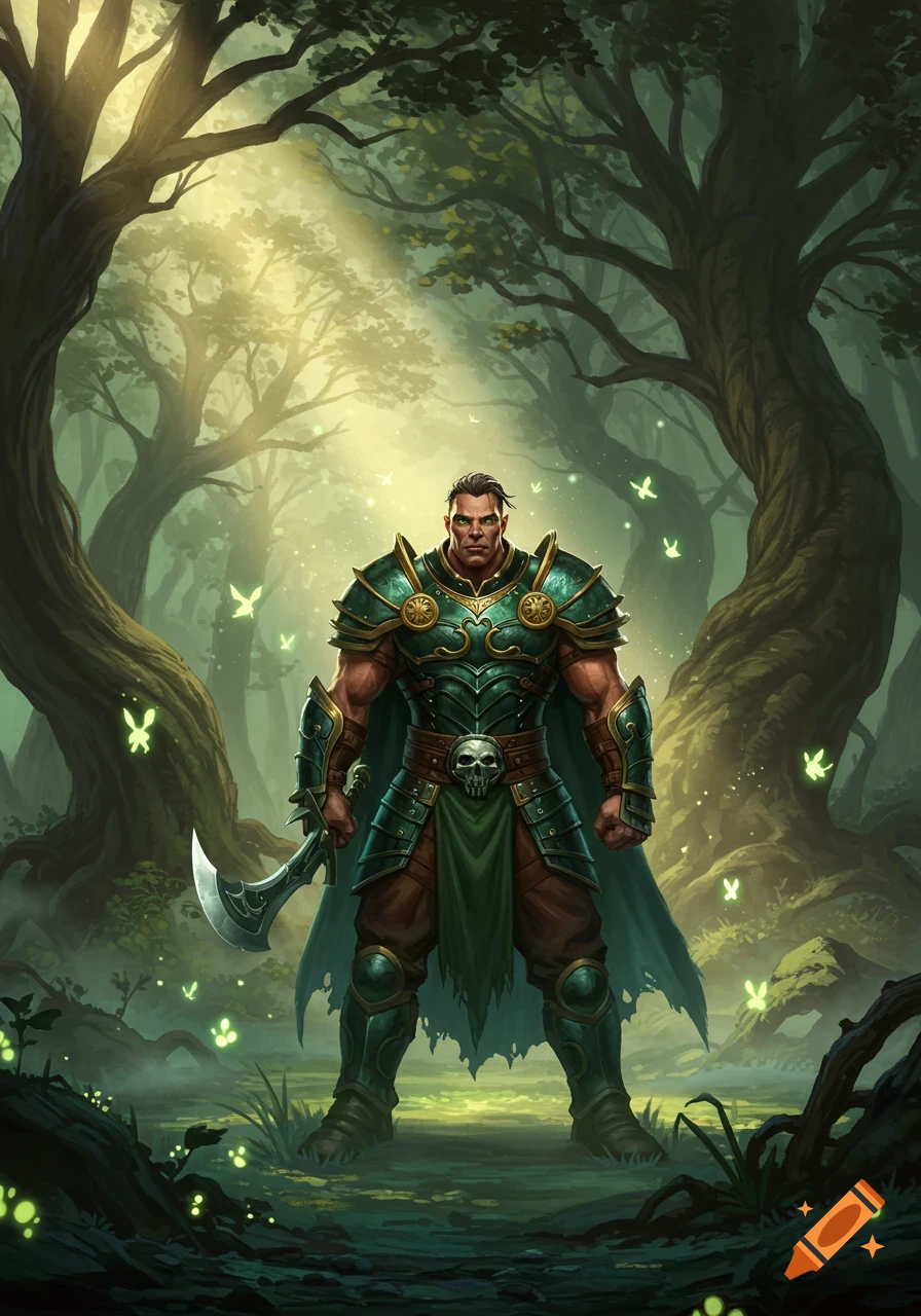 Digital painting of a strong male adventurer in green armor holding an axe, standing in a misty, enchanted forest with glowing butterflies.