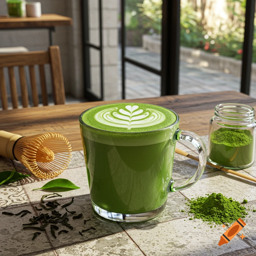 Photorealistic matcha latte with latte art, matcha powder, and whisk on a table in a bright coffeeshop setting.