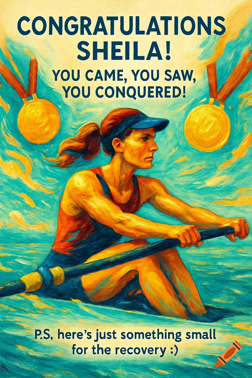 Abstract painting of a female rower in action, with two gold medals and text 'Congratulations Sheila! You came, you saw, you conquered!'