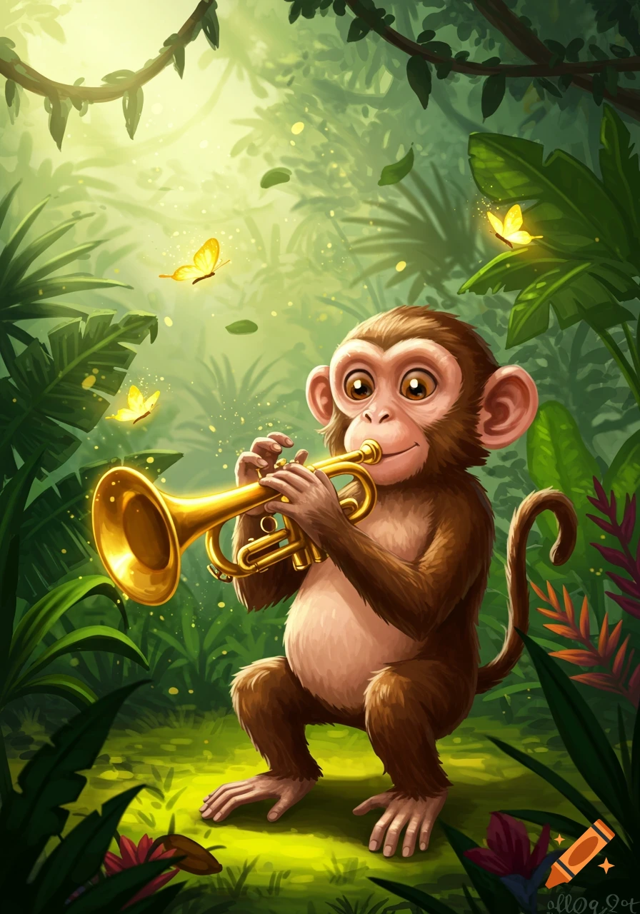 A cute cartoon monkey plays a golden trumpet in a bright, lush green jungle with glowing yellow butterflies.