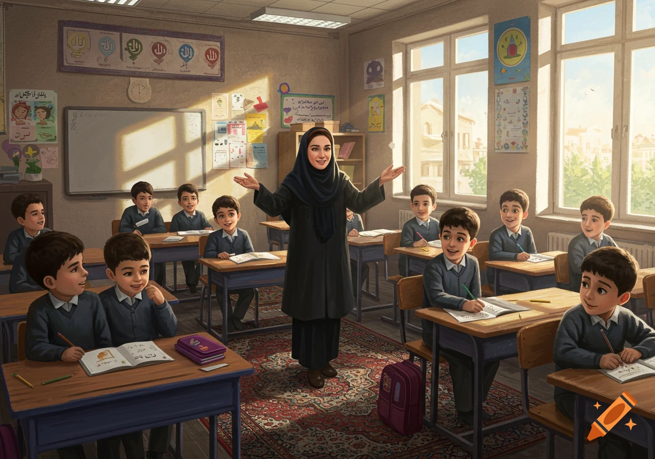 A female teacher in a hijab stands in a sunlit classroom, gesturing to her male students seated at wooden desks. The scene is a warm digital painting.
